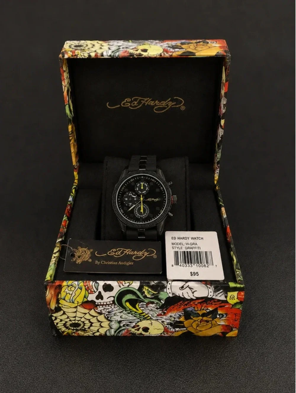 #703 Ed Hardy Black Chronograph-Style Watch with Original Box & Tags